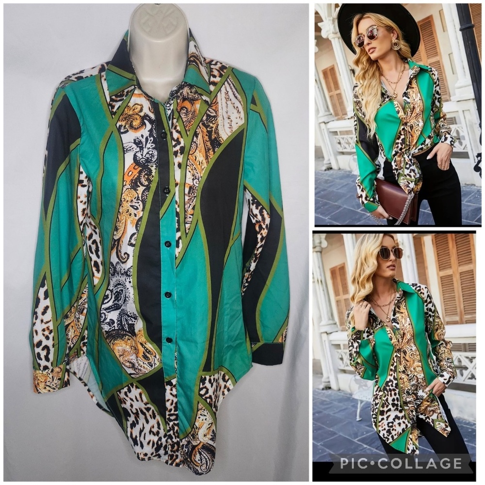 Womens Urbanic Leopard Print Green Colorblock Long Sleeve Button Front Shirt XS